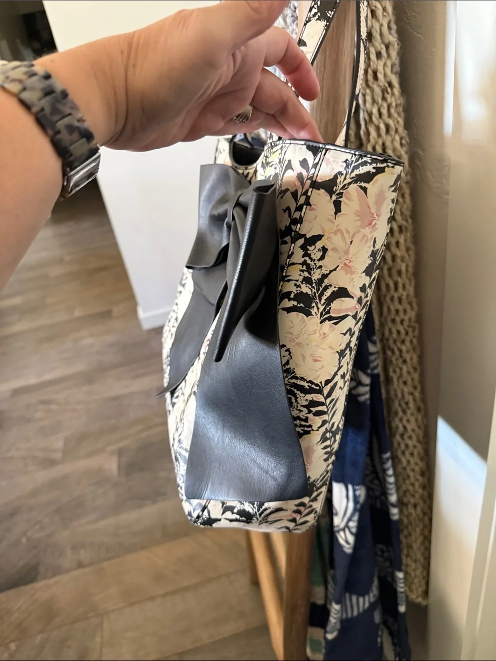Karl Lagerfeld Black and Pink Floral Tote with Signature Bow